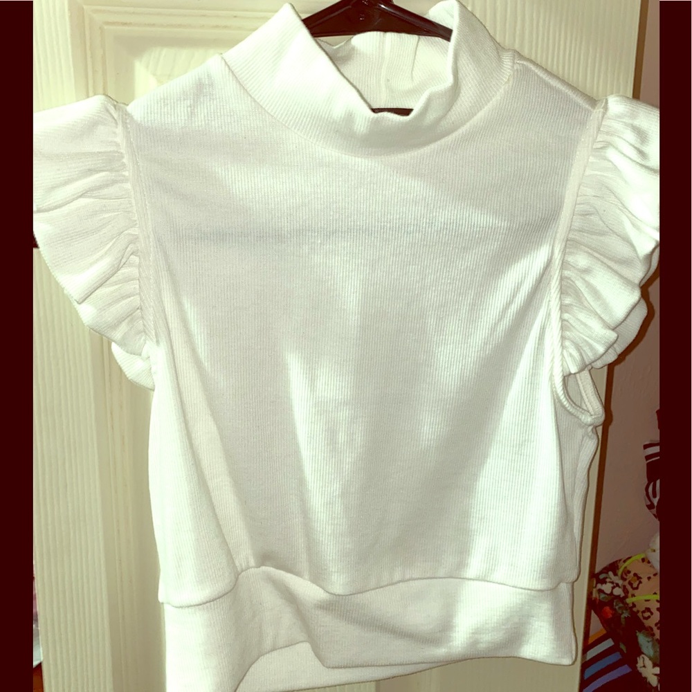 White ruffle high neck top, never worn